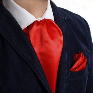 Mens Solid Color Ascot & Pocket Square Set Red